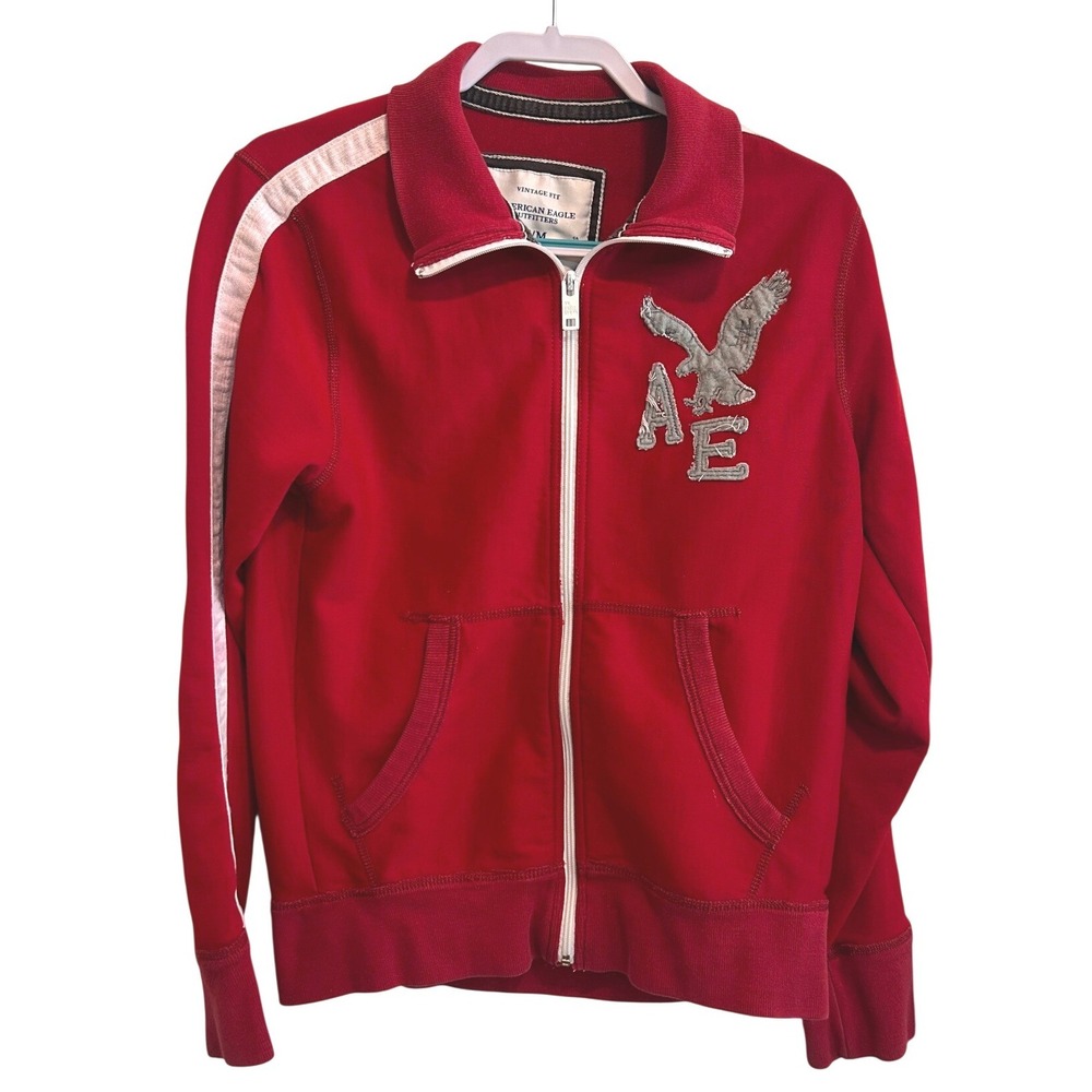 American Eagle Y2K Men's Size M Full Zip Knit Jacket Red Puffy Varsity Letters